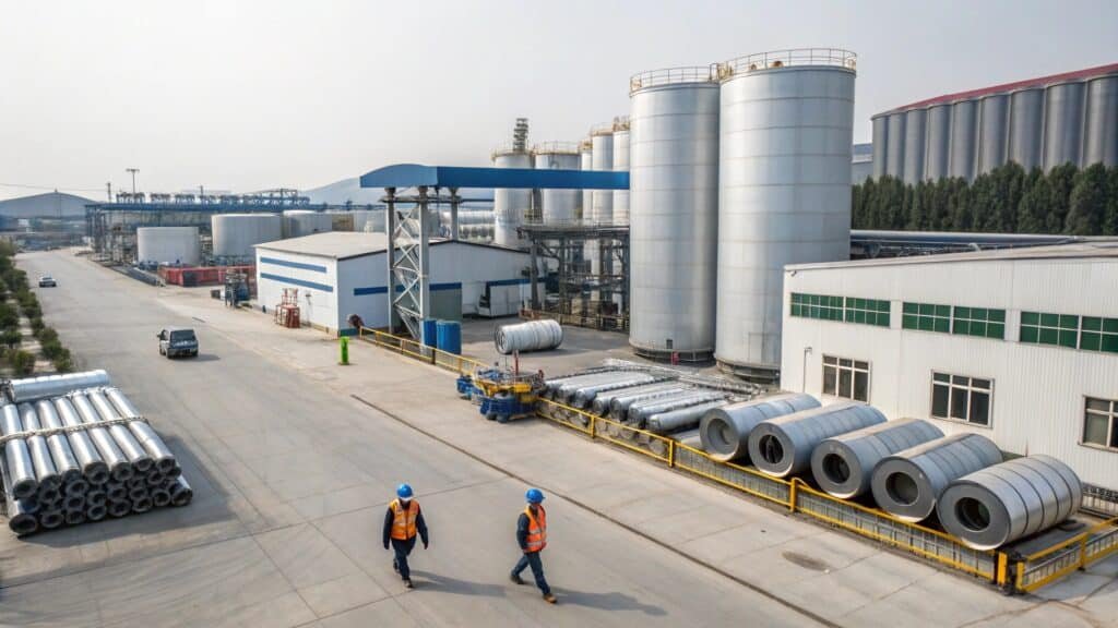 A diagram showing arrows of imported bauxite and domestic scrap metal flowing into a depiction of a Chinese aluminum smelter.